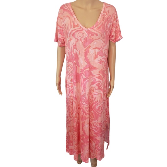 Belle By Kim Gravel Pink Swirl Pattern Short Sleeve V Neck Maxi Dress Small - Picture 15 of 16